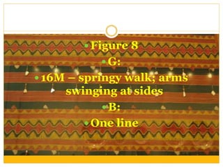  Figure 8
 G:
 16M – springy walk; arms
swinging at sides
 B:
 One line
 