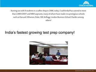 Startingoutwith8 studentsin a coffee-shopin 2006,today,CrackVerbalhascateredtomore
than2,000GMAT andMBA aspirants,manyofwhomhavemadeittoprestigious schools
such asHarvard,Wharton,Duke,ISB, Kellogg,LondonBusinessSchool,Dardenamong
others!
India’s fastest growing test prep company!
 
