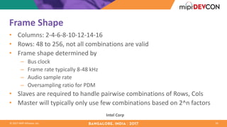 ©	2017	MIPI	Alliance,	Inc.
Frame	Shape
• Columns:	2-4-6-8-10-12-14-16
• Rows:	48	to	256,	not	all	combinations	are	valid
• Frame	shape	determined	by
– Bus	clock
– Frame	rate	typically	8-48	kHz
– Audio	sample	rate
– Oversampling	ratio	for	PDM
• Slaves	are	required	to	handle	pairwise	combinations	of	Rows,	Cols
• Master	will	typically	only	use	few	combinations	based	on	2^n	factors
24
Intel	Corp
 