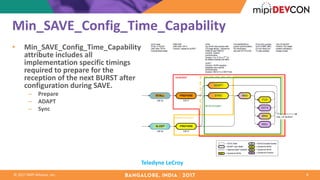 ©	2017	MIPI	Alliance,	Inc.
Min_SAVE_Config_Time_Capability
8
Teledyne	LeCroy
• Min_SAVE_Config_Time_Capability
attribute	includes	all	
implementation	specific	timings	
required	to	prepare	for	the	
reception	of	the	next	BURST	after	
configuration	during	SAVE.
– Prepare
– ADAPT
– Sync
 