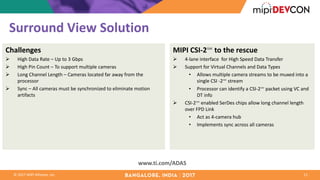 ©	2017	MIPI	Alliance,	Inc.
Surround	View	Solution
11
www.ti.com/ADAS
Challenges
Ø High	Data	Rate	– Up	to	3	Gbps
Ø High	Pin	Count	– To	support	multiple	cameras
Ø Long	Channel	Length	– Cameras	located	far	away	from	the	
processor
Ø Sync	– All	cameras	must	be	synchronized	to	eliminate	motion	
artifacts
MIPI	CSI-2℠ to	the	rescue
Ø 4-lane	interface	 for	High	Speed	Data	Transfer
Ø Support	for	Virtual	Channels	and	Data	Types
• Allows	multiple	camera	streams	to	be	muxed into	a	
single	CSI	-2℠ stream
• Processor	can	identify	a	CSI-2℠ packet	using	VC	and	
DT	info	
Ø CSI-2℠ enabled	SerDes chips	allow	long	channel	length	
over	FPD	Link
• Act	as	4-camera	hub
• Implements	sync	across	all	cameras
 