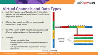 ©	2017	MIPI	Alliance,	Inc.
Virtual	Channels	and	Data	Types
7
www.ti.com/ADAS
Ø Each	CSI-2℠ packet	has	a	“Data	Identifier”	field,	which	
specifies	the	payload	Data	Type	(DT)	and	Virtual	Channel	
(VC)	number	it	carries
Ø Different	data	types	from	different	sources	can	be	
merged	into	a	single	stream
Ø CSI-2℠ Rx	uses	DT	and	VC	fields	to	distinguish	amongst	
different	packets	and	process	them	accordingly
Ø Examples:
• Pixel	data	vs	embedded	data
• Data	from	different	cameras	multiplexed	into	a	single	CSI-
2℠ stream
• Multi-exposure	WDR	where	L/M/S	pixels	are	coming	in	a	
single	stream.	
 