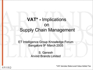 [object Object],[object Object],[object Object],[object Object],VAT* -  Implications  on  Supply Chain Management *VAT denotes State-Level Value Added Tax 