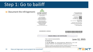 © 2016, iText Group NV
Step 1: Go to bailiff
Document the infringement:
How can large open source projects be monetized?33
June 12, 2015
 