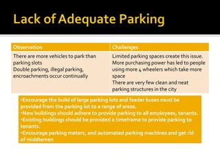 Observation                              Challenges
There are more vehicles to park than     Limited parking spaces create this issue.
parking slots                            More purchasing power has led to people
Double parking, illegal parking,         using more 4 wheelers which take more
encroachments occur continually          space
                                         There are very few clean and neat
                                         parking structures in the city
   •Encourage the build of large parking lots and feeder buses must be
   provided from the parking lot to a range of areas.
   •New buildings should adhere to provide parking to all employees, tenants.
   •Existing buildings should be provided a timeframe to provide parking to
   tenants.
   •Encourage parking meters, and automated parking machines and get rid
   of middlemen
 
