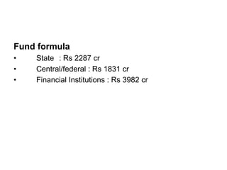 Fund formula
•   State : Rs 2287 cr
•   Central/federal : Rs 1831 cr
•   Financial Institutions : Rs 3982 cr
 
