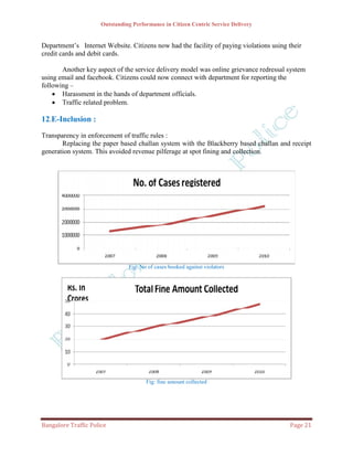 Outstanding Performance in Citizen Centric Service Delivery


Department’s Internet Website. Citizens now had the facility of paying violations using their
credit cards and debit cards.

       Another key aspect of the service delivery model was online grievance redressal system
using email and facebook. Citizens could now connect with department for reporting the
following –
     Harassment in the hands of department officials.
     Traffic related problem.

12.E-Inclusion :
Transparency in enforcement of traffic rules :
       Replacing the paper based challan system with the Blackberry based challan and receipt
generation system. This avoided revenue pilferage at spot fining and collection.




                                Fig: No of cases booked against violators




                                       Fig: fine amount collected




Bangalore Traffic Police                                                                Page 21
 