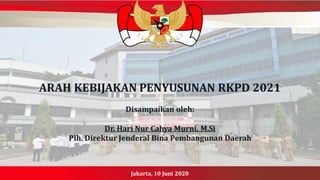 Jakarta, 10 Juni 2020
ARAH KEBIJAKAN PENYUSUNAN RKPD 2021
Disampaikan oleh:
Dr. Hari Nur Cahya Murni, M.Si
Plh. Direktur Jenderal Bina Pembangunan Daerah
 