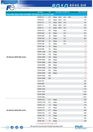2 0 1 0 BAÛNG GIAÙ 
PHUÏ KIEÄN (REACTOR) CHO BIEÁN TAÀN MEGA, MULTI, ECO, MINI 
12 
MAÕ HAØNG KW ÖÙNG DUÏNG CHO BIEÁN TAÀN ÑÔN GIAÙ (USD) 
Àún giaá trïn chûa bao göìm thuïë giaá trõ gia tùng (VAT) 
DC Reactor (DCR) 400V series 
DCR4-3.7 3.7 Mega Multi Eco Mini 108 
DCR4-5.5 5.5 Mega Multi Eco 147 
DCR4-7.5 7.5 Mega Multi Eco 151 
DCR4-11 11 Mega Multi Eco 256 
DCR4-15 15 Mega Multi Eco 275 
DCR4-18.5 18.5 Mega Eco 310 
DCR4-22A 22 Mega Eco 314 
DCR4-30B 30 Mega Eco 575 
DCR4-37B 37 Mega Eco 624 
DCR4-45B 45 Mega Eco (*) 
DCR4-55B 55 Mega Eco (*) 
DCR4-75B 75 Mega (*) 
DCR4-90B 90 Mega (*) 
DCR4-110B 110 Mega (*) 
DCR4-132B 132 Mega (*) 
DCR4-160B 160 Mega (*) 
DCR4-200B 200 Mega (*) 
DCR4-220B 220 Mega (*) 
DCR4-280B 280 Mega (*) 
DCR4-315B 315 Mega (*) 
DCR4-355B 355 Mega (*) 
DCR4-400B 400 Mega (*) 
DCR4-450B 450 (*) 
DCR4-500B 500 (*) 
DCR4-75C 640 
DCR4-90C 797 
DCR4-110C 969 
DCR3-132C 1.119 
DCR4-160C 1.239 
DCR4-200C 1.385 
DCR4-220C 1.572 
AC Reactor (ACR) 200V series 
ACR2-0.4A 0.4 Mega 245 
ACR2-0.75A 0.75 Mega 255 
ACR2-1.5A 1.5 Mega 273 
ACR2-2.2A 2.2 Mega 291 
ACR2-3.7A 3.7 Mega 328 
ACR2-5.5A 5.5 Mega 364 
ACR2-7.5A 7.5 Mega 401 
ACR2-11A 11 Mega 426 
ACR2-15A 15 Mega 459 
(*) Vui loøng lieân heä Ñaïi lyù gaàn nhaát 
 