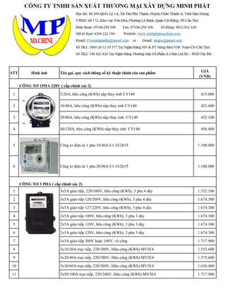 BẢNG GIÁ CÔNG TƠ ĐIỆN (ĐỒNG HỒ ĐIỆN) EMIC 
(Áp dụng từ ngày 15 tháng 07 năm 2013) 
(Giá chưa bao gồm 10% VAT, chưa bao gồm phí kiểm định) 
STT Hình ảnh Tên gọi, quy cách thông số kỹ thuật chính của sản phẩm GIÁ 
(VND) 
CÔNG TƠ 1PHA 220V ( cấp chính xác 2) 
1 5/20A, hữu công (KWh) nắp thủy tinh CV140 415.000 
2 10/40A, hữu công (KWh) nắp thủy tinh CV140 423.600 
3 20/80A, hữu công (KWh) nắp thủy tinh CV140 452.100 
4 40/120A, hữu công (KWh) nắp thủy tinh CV140 456.400 
5 Công tơ điện tử 1 pha 10/40A E1-1E2b3T 1.100.000 
6 Công tơ điện tử 1 pha 20/80A E1-1E2b3T 1.100.000 
CÔNG TƠ 3 PHA ( cấp chính xác 2) 
1 3x5A gián tiếp, 220/380V, hữu công (KWh), 3 pha 4 dây 1.532.100 
2 3x5A gián tiếp 120/208V, hữu công (KWh), 3 pha 4 dây 1.674.300 
3 3x5A gián tiếp 127/220V, hữu công (KWh), 3 pha 4 dây 1.674.300 
4 2x5A gián tiếp 100V, hữu công (KWh), 3 pha 3 dây 1.674.300 
5 2x5A gián tiếp 110V, hữu công (KWh), 3 pha 3 dây 1.674.300 
6 2x5A gián tiếp 120V, hữu công (KWh), 3 pha 3 dây 1.674.300 
7 3x5A gián tiếp 380V hoặc 100V, vô công 1.717.900 
8 3x10/20A trực tiếp, 220/380V, Hữu công (KWh) MV3E4 1.553.600 
9 3x20/40A trực tiếp, 220/380V, Hữu công (KWh) MV3E4 1.573.600 
10 3x30/60A trực tiếp, 220/380V, Hữu công (KWh) MV3E4 1.636.400 
11 3x50/100A trực tiếp, 220/380V, Hữu công (KWh) MV3E4 1.717.900 
 