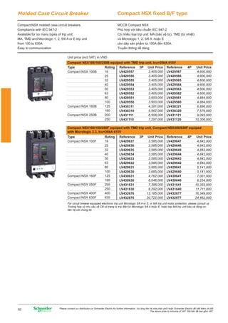 Molded Case Circuit Breaker Compact NSX fixed B/F type 
Compact NSX molded case circuit breakers 
Compliance with IEC 947-2 
Available for so many types of trip unit: 
MA, TMD and Micrologic 1, 2, 5/6 A or E trip unit 
from 100 to 630A 
Easy to communication 
MCCB Compact NSX 
Phù hӧp vӟi tiêu chuҭn IEC 947-2 
Có nhiӅu loҥi trip unit: MA (bҧo vӋ tӯ), TMD (tӯ nhiӋt) 
và Micrologic 1, 2, 5/6 A hoһc E 
cho dãy sҧn phҭm tӯ 100A ÿӃn 630A 
TruyӅn thông dӉ dàng 
Unit price (incl.VAT) in VND 
Compact NSX100/160/250B equiped with TMD trip unit, Icu=25kA 415V 
Reference 
LV429567 
LV429566 
LV429565 
LV429564 
LV429563 
LV429562 
LV429561 
LV429560 
LV430321 
LV430320 
LV431121 
LV431120 
Type Rating Unit Price 
Compact NSX 100B 
Compact NSX 160B 
Compact NSX 250B 
4,600,000 
4,600,000 
4,600,000 
4,600,000 
4,600,000 
4,600,000 
4,884,000 
4,884,000 
6,896,000 
7,576,000 
9,093,000 
10,306,000 
Compact NSX100/160/250F equiped with TMD trip unit, Compact NSX400/630F equiped 
with Micrologic 2.3, Icu=36kA 415V 
Type Rating Unit Price 
4,842,000 
4,842,000 
4,842,000 
4,842,000 
4,842,000 
4,842,000 
5,141,000 
5,141,000 
7,001,000 
8,234,000 
10,333,000 
11,711,000 
16,349,000 
24,462,000 
16 
25 
32 
40 
50 
63 
80 
100 
125 
160 
200 
250 
Reference 3P Unit Price 4P 
LV429557 
LV429556 
LV429555 
LV429554 
LV429553 
LV429552 
LV429551 
LV429550 
LV430311 
LV430310 
LV431111 
LV431110 
Reference 3P Unit Price Reference 4P 
LV429637 
LV429636 
LV429635 
LV429634 
LV429633 
LV429632 
LV429631 
LV429630 
LV430631 
LV430630 
LV431631 
LV431630 
LV432676 
LV432876 
LV429647 
LV429646 
LV429645 
LV429644 
LV429643 
LV429642 
LV429641 
LV429640 
LV430641 
LV430640 
LV431641 
LV431640 
LV432677 
LV432877 
3,405,000 
3,405,000 
3,405,000 
3,405,000 
3,405,000 
3,405,000 
3,500,000 
3,500,000 
4,381,000 
5,562,000 
6,508,000 
7,297,000 
3,585,000 
3,585,000 
3,585,000 
3,585,000 
3,585,000 
3,585,000 
3,685,000 
3,685,000 
4,762,000 
6,046,000 
7,396,000 
8,292,000 
13,185,000 
20,722,000 
Compact NSX 100F 
Compact NSX 160F 
Compact NSX 250F 
Compact NSX 400F 
Compact NSX 630F 
16 
25 
32 
40 
50 
63 
80 
100 
125 
160 
200 
250 
400 
630 
For circuit breaker equipped electronic trip unit Micrologic 5/6 A or E, or MA trip unit motor protection, please consult us 
Tŕ͵ng hͻp có nhu c̿u v͙ CB có trang bͣ tríp ÿi͟n t΅ Micrologic 5/6 A ho͏c E, ho͏c lo̹i MA trip unit b̻o v͟ ÿͱng c˿, 
liên h͟ vͳi chúng tôi 
Please contact our distributors or Schneider Electric for further information. Vui lòng liên h͟ nhà phân phͩi ho͏c Schneider Electric ÿ͛ bi͗t thêm chi ti͗t 
The above price is inclusive of VAT. Giá trên ÿã bao gͫm VAT. 82 
 