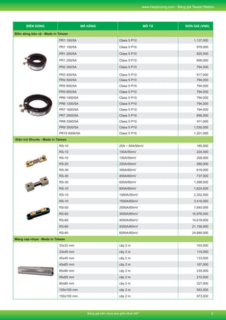 Bảng giá trên chưa bao gồm thuế VAT
www.haophuong.com - Bảng giá Taiwan Meters
5
MCCB - Molded Case Circuit Breakers
BIẾN DÒNG MÃ HÀNG MÔ TẢ ĐƠN GIÁ (VNĐ)
Biến dòng bảo vệ - Made in Taiwan
PR1 100/5A Class 5 P10 1,137,000
PR1 150/5A Class 5 P10 978,000
PR1 200/5A Class 5 P10 825,000
PR1 250/5A Class 5 P10 856,000
PR2 300/5A Class 5 P10 794,000
PR3 400/5A Class 5 P10 917,000
PR4 500/5A Class 5 P10 794,000
PR5 600/5A Class 5 P10 794,000
PR5 800/5A Class 5 P10 794,000
PR6 1000/5A Class 5 P10 794,000
PR6 1200/5A Class 5 P10 794,000
PR7 1600/5A Class 5 P10 794,000
PR7 2000/5A Class 5 P10 856,000
PR8 2500/5A Class 5 P10 911,000
PR9 3000/5A Class 5 P10 1,030,000
PR10 4000/5A Class 5 P10 1,201,000
 Điện trở Shunts - Made in Taiwan
RS-10 25A ~ 50A/50mV 185,000
RS-10 100A/50mV 224,000
RS-10 150A/50mV 258,000
RS-20 200A/50mV 280,000
RS-30 300A/60mV 616,000
RS-30 400A/60mV 737,000
RS-30 600A/60mV 1,288,000
RS-10 800A/60mV 1,624,000
RS-10 1000A/50mV 2,352,000
RS-10 1500A/60mV 3,416,000
RS-50 2000A/60mV 7,840,000
RS-60 3000A/60mV 10,976,000
RS-60 4000A/60mV 14,818,000
RS-60 5000A/60mV 21,156,000
RS-60 6000A/60mV 24,889,000
Máng cáp nhựa - Made in Taiwan
33x33 mm cây 2 m 103,000
33x45 mm cây 2 m 115,000
45x45 mm cây 2 m 133,000
45x65 mm cây 2 m 167,000
60x80 mm cây 2 m 235,000
65x65 mm cây 2 m 210,000
80x80 mm cây 2 m 327,000
100x100 mm cây 2 m 553,000
150x100 mm cây 2 m 973,000
 