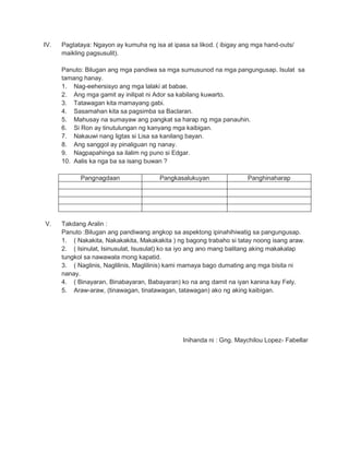 IV. Pagtataya: Ngayon ay kumuha ng isa at ipasa sa likod. ( ibigay ang mga hand-outs/
maikling pagsusulit).
Panuto: Bilugan ang mga pandiwa sa mga sumusunod na mga pangungusap. Isulat sa
tamang hanay.
1. Nag-eehersisyo ang mga lalaki at babae.
2. Ang mga gamit ay inilipat ni Ador sa kabilang kuwarto.
3. Tatawagan kita mamayang gabi.
4. Sasamahan kita sa pagsimba sa Baclaran.
5. Mahusay na sumayaw ang pangkat sa harap ng mga panauhin.
6. Si Ron ay tinutulungan ng kanyang mga kaibigan.
7. Nakauwi nang ligtas si Lisa sa kanilang bayan.
8. Ang sanggol ay pinaliguan ng nanay.
9. Nagpapahinga sa ilalim ng puno si Edgar.
10. Aalis ka nga ba sa isang buwan ?
Pangnagdaan Pangkasalukuyan Panghinaharap
V. Takdang Aralin :
Panuto :Bilugan ang pandiwang angkop sa aspektong ipinahihiwatig sa pangungusap.
1. ( Nakakita, Nakakakita, Makakakita ) ng bagong trabaho si tatay noong isang araw.
2. ( Isinulat, Isinusulat, Isusulat) ko sa iyo ang ano mang balitang aking makakalap
tungkol sa nawawala mong kapatid.
3. ( Naglinis, Naglilinis, Maglilinis) kami mamaya bago dumating ang mga bisita ni
nanay.
4. ( Binayaran, Binabayaran, Babayaran) ko na ang damit na iyan kanina kay Fely.
5. Araw-araw, (tinawagan, tinatawagan, tatawagan) ako ng aking kaibigan.
Inihanda ni : Gng. Maychilou Lopez- Fabellar
 