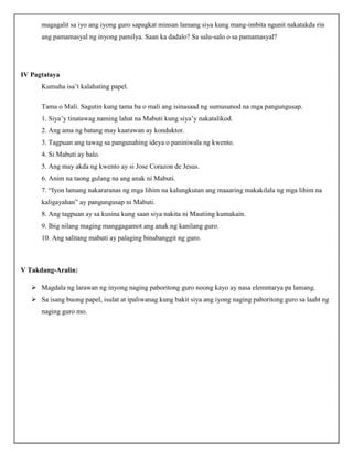 magagalit sa iyo ang iyong guro sapagkat minsan lamang siya kung mang-imbita ngunit nakatakda rin
ang pamamasyal ng inyong pamilya. Saan ka dadalo? Sa salu-salo o sa pamamasyal?
IV Pagtataya
Kumuha isa’t kalahating papel.
Tama o Mali. Sagutin kung tama ba o mali ang isinasaad ng sumusunod na mga pangungusap.
1. Siya’y tinatawag naming lahat na Mabuti kung siya’y nakatalikod.
2. Ang ama ng batang may kaarawan ay konduktor.
3. Tagpuan ang tawag sa pangunahing ideya o paniniwala ng kwento.
4. Si Mabuti ay balo.
5. Ang may akda ng kwento ay si Jose Corazon de Jesus.
6. Anim na taong gulang na ang anak ni Mabuti.
7. “Iyon lamang nakararanas ng mga lihim na kalungkutan ang maaaring makakilala ng mga lihim na
kaligayahan” ay pangungusap ni Mabuti.
8. Ang tagpuan ay sa kusina kung saan siya nakita ni Mautiing kumakain.
9. Ibig nilang maging manggagamot ang anak ng kanilang guro.
10. Ang salitang mabuti ay palaging binabanggit ng guro.
V Takdang-Aralin:
 Magdala ng larawan ng inyong naging paboritong guro noong kayo ay nasa elemntarya pa lamang.
 Sa isang buong papel, isulat at ipaliwanag kung bakit siya ang iyong naging paboritong guro sa laaht ng
naging guro mo.
 
