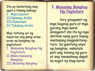 Ito ay kalimitang may
apat o limang bahagi.
I. Mga Layunin
II.Paksang Aralin
III.Pamaraan
IV.Takdang Aralin
May tatlong uri ng
kayarian ang pang-araw-
araw na banghay ng
pagtuturo:
I. Masusing Banghay Ng
Pagtuturo
II.Mala-masusing
Banghay
III.Maikling Banghay
I.Masusing Banghay
Ng Pagtuturo
ito’y ginagamit ng
mga bagong guro at mga
gurong mga-aaral.
Ginagamit din ito ng mga
datihan nang guro kapag
naatasang magpakitang-
turo. Sa ganitong anyo
ng banghay, nakatala
pati ang tanong ng guro
at ang inaasahang dapat
na sagot ng mag-aaral.
 