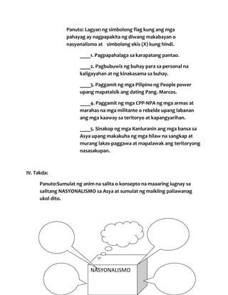 Panuto: Lagyan ng simbolong flag kung ang mga
pahayag ay nagpapakita ng diwang makabayan o
nasyonalismo at simbolong ekis (X) kung hindi.
____1. Pagpapahalaga sa karapatang pantao.
____2. Pagbubuwis ng buhay para sa personal na
kaligayahan at ng kinakasama sa buhay.
____3. Paggamit ng mga Pilipino ng People power
upang mapatalsik ang dating Pang. Marcos.
____4. Paggamit ng mga CPP-NPA ng mga armas at
marahas na mga militante o rebelde upang labanan
ang mga kaaway sa teritoryo at kapangyarihan.
____5. Sinakop ng mga Kanluranin ang mga bansa sa
Asya upang makakuha ng mga hilaw na sangkap at
murang lakas-paggawa at mapalawak ang teritoryong
nasasakupan.

IV. Takda:
Panuto:Sumulat ng anim na salita o konsepto na maaaring iugnay sa
salitang NASYONALISMO sa Asya at sumulat ng maikling paliawanag
ukol dito.

NASYONALISMO

 
