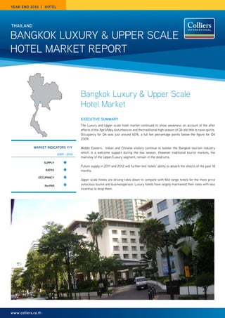 year end 2010 | HOTeL




thailand

Bangkok Luxury & upper ScaLe
HoteL Market report



                                            Bangkok Luxury & Upper Scale
                                            Hotel Market
                                            ExEcutivE Summary
                                            the Luxury and upper scale hotel market continued to show weakness on account of the after
                                            effects of the april/May disturbances and the traditional high season of Q4 did little to raise spirits.
                                            occupancy for Q4 was just around 60%, a full ten percentage points below the figure for Q4
                                            2009.

             markEt indicatorS y/y          Middle eastern, Indian and chinese visitors continue to bolster the Bangkok tourism industry
                              2009 - 2010
                                            which is a welcome support during the low season. However traditional tourist markets, the
                                            mainstay of the upper/Luxury segment, remain in the doldrums.
                     Supply
                                            Future supply in 2011 and 2012 will further test hotels’ ability to absorb the shocks of the past 18
                     ratES                  months.
                occupancy
                                            upper scale hotels are driving rates down to compete with Mid range hotels for the more price
                     revpar                 conscious tourist and businessperson. Luxury hotels have largely maintained their rates with less
                                            incentive to drop them.




www.colliers.co.th
 