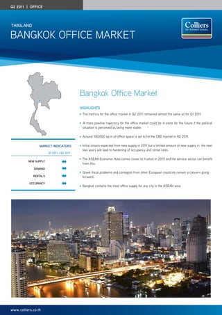 Q2 2011 | office




thailanD

Bangkok office Market




                                           Bangkok Office Market
                                           highlightS
                                            the metrics for the office market in Q2 2011 remained almost the same as for Q1 2011.

                                            a more positive trajectory for the office market could be in store for the future if the political
                                            situation is perceived as being more stable.

                                            around 100,000 sq m of office space is set to hit the cBD market in H2 2011.

                 maRket inDicatoRS          initial strains expected from new supply in 2011 but a limited amount of new supply in the next
                                            few years will lead to hardening of occupancy and rental rates.
                       Q1 2011 / Q2 2011

                                            the aSean economic area comes closer to fruition in 2015 and the service sector can benefit
          new Supply
                                            from this.
             DemanD
                                            greek fiscal problems and contagion from other european countries remain a concern going
             RentalS                        forward.
           occupancy
                                            Bangkok contains the most office supply for any city in the aSean area.




www.colliers.co.th
 