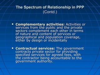 The Spectrum of Relationship in PPPThe Spectrum of Relationship in PPP
(Contd.)(Contd.)
 Complementary activities:Complementary activities: Activities orActivities or
services from the public and the privateservices from the public and the private
sectors complement each other in termssectors complement each other in terms
of nature and content of services orof nature and content of services or
geographical and population coverage,geographical and population coverage,
either by design or incidentallyeither by design or incidentally
 Contractual services:Contractual services: The governmentThe government
contracts private sector for providingcontracts private sector for providing
specified services for agreed fees, withspecified services for agreed fees, with
the contractor being accountable to thethe contractor being accountable to the
government authority.government authority.
 