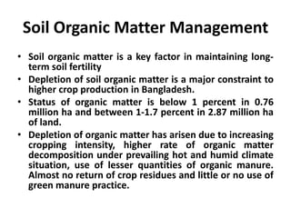 Soil Organic Matter Management
• Soil organic matter is a key factor in maintaining long-
term soil fertility
• Depletion of soil organic matter is a major constraint to
higher crop production in Bangladesh.
• Status of organic matter is below 1 percent in 0.76
million ha and between 1-1.7 percent in 2.87 million ha
of land.
• Depletion of organic matter has arisen due to increasing
cropping intensity, higher rate of organic matter
decomposition under prevailing hot and humid climate
situation, use of lesser quantities of organic manure.
Almost no return of crop residues and little or no use of
green manure practice.
 
