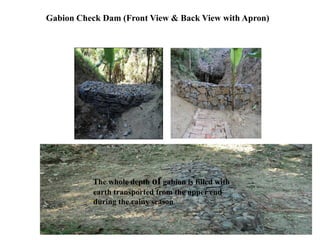 Gabion Check Dam (Front View & Back View with Apron)
The whole depth of gabion is filled with
earth transported from the upper end
during the rainy season
 