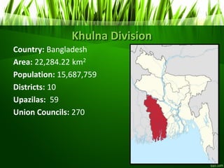 Khulna Division
Country: Bangladesh
Area: 22,284.22 km2
Population: 15,687,759
Districts: 10
Upazilas: 59
Union Councils: 270
 