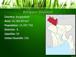 Rangpur Division
Country: Bangladesh
Area: 16,184.99 km2
Population: 15,787,758
Districts: 8
Upazilas: 58
Union Councils: 536
 
