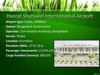 Hazrat Shahjalal International Airport
Airport type: Public / Military
Owner: Bangladesh Government
Operator: Civil Aviation Authority, Bangladesh
Serves: Dhaka
Location: Kurmitola
Elevation AMSL: 27 ft / 8 m
Passenger movements: 15,554,215
Cargo handled (tonnes): 300,075
 