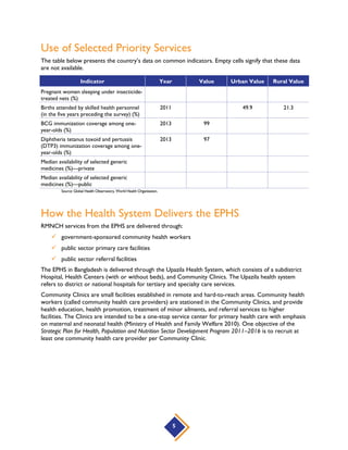 Delivering the EPHS to Different Population Groups
The government’s strategy for implementing the EPHS includes specific activities to improve equity of
access for specific populations; these include:
 women,
 adolescents,
 the indigent, and
 rural populations.
See Annex C for the World Health Organization’s full health equity profile of Bangladesh based on data
from a 2011 Demographic and Health Survey.
Key findings from the health equity profile include:
 Coverage of maternal health services is strongly associated with wealth, education level of the
mother, and rural versus urban place of residence, suggesting inequity in service coverage.
 Coverage of at least one antenatal care visit is 49 percent among women with rural residence,
compared to 74 percent among women with urban residence.
 Coverage of reproductive health services and childhood immunization services is not strongly
associated with wealth, education level of the mother, and rural versus urban place of residence,
suggesting more equality in service coverage for these types of services.
The Strategic Plan for Health, Population and Nutrition Sector Development Program 2011–2016 and its
Operational Plans include specific strategies to improve care provision for the following subpopulations:
hard to reach populations (rural), disadvantaged or poor populations, urban populations, newborns,
children, adolescents, women, people with disabilities, the elderly, and HIV and AIDS patients.
Providing Financial Protection for the EPHS
 Community-based insurance is available in parts or all of the country.
 All services included in the EPHS are legally exempt from user fees on a national scale.
In Bangladesh, primary health care services from the EPD are officially free in the Upazila Health System.
There is a nominal fee for services at tertiary and specialized hospitals. However, according to studies
such as the Bangladesh Service Delivery Survey of 2003, 80 percent of the respondents reported paying
for services, with 20 percent making direct payments to service providers (Bangladesh Health Watch
2012).
The government of Bangladesh also implements a program called the demand-side financing scheme,
which provides vouchers to pregnant women in order to increase use of safe motherhood services. The
scheme is supposed to cover the poor, but many poor families are not reached, and there is rampant
mis-targeting of people eligible for benefits (Bangladesh Health Watch 2012).
Some health insurance schemes exist in the country, but are not sponsored by the government. Several
not-for-profit nongovernmental development organizations provide health services through micro health
insurance; this is mainly financed by development partners. The private health insurance market is in
nascent stages in Bangladesh. Social health insurance schemes do not currently exist.
5
 