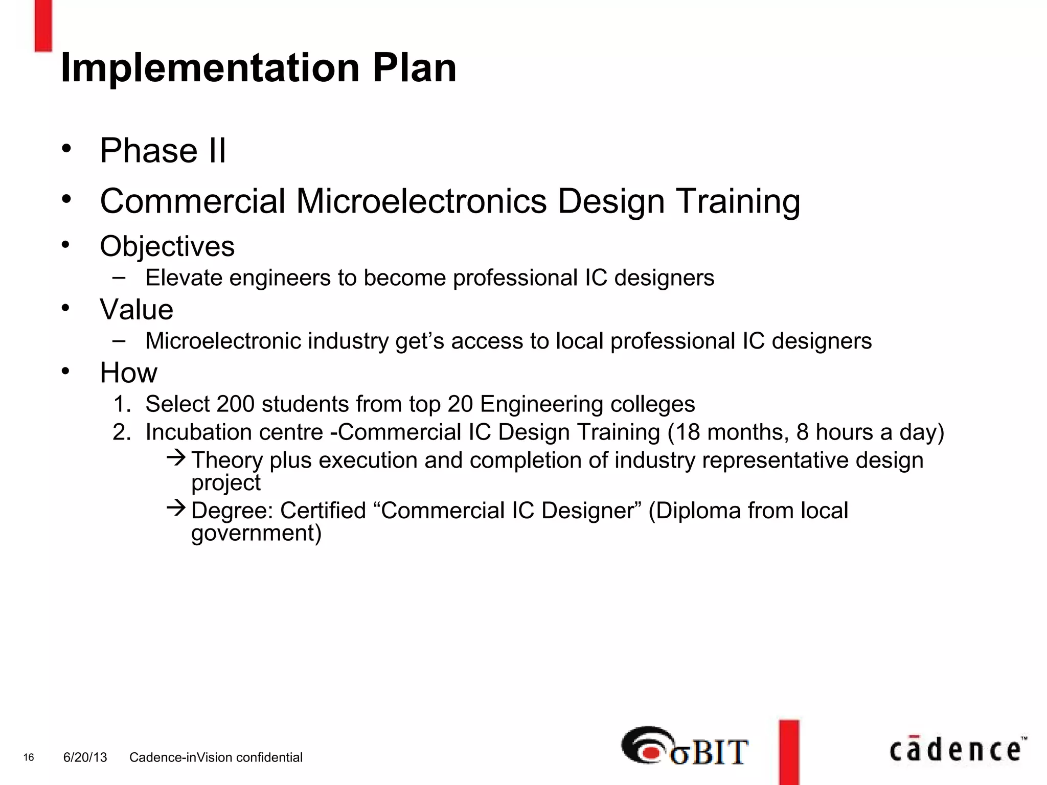 Implementation Plan
• Phase II
• Commercial Microelectronics Design Training
• Objectives
– Elevate engineers to become professional IC designers
• Value
– Microelectronic industry get’s access to local professional IC designers
• How
1. Select 200 students from top 20 Engineering colleges
2. Incubation centre -Commercial IC Design Training (18 months, 8 hours a day)
Theory plus execution and completion of industry representative design
project
Degree: Certified “Commercial IC Designer” (Diploma from local
government)
6/20/13 Cadence-inVision confidential16
 