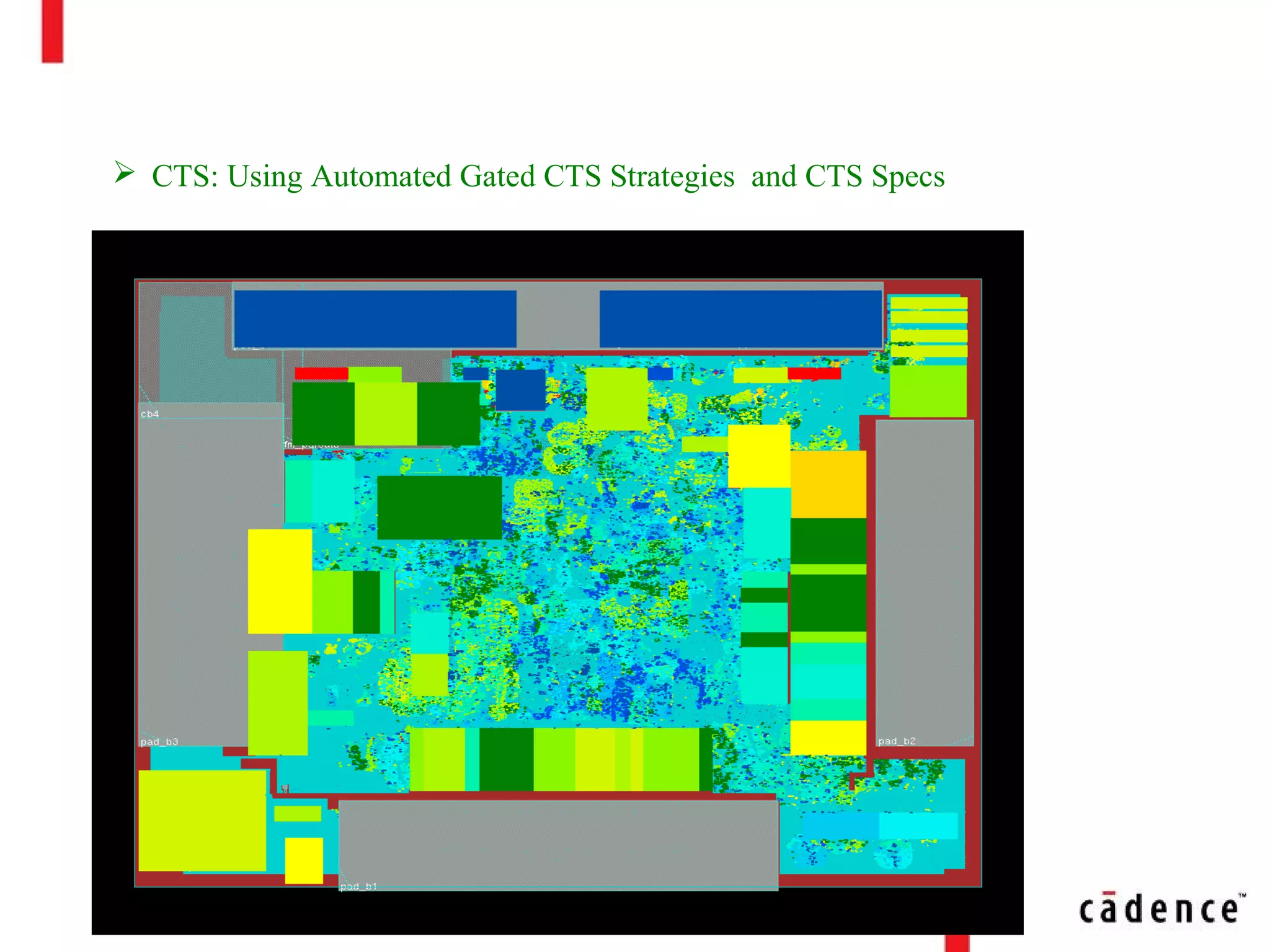 Clock Tree Distribution
 CTS: Using Automated Gated CTS Strategies and CTS Specs
 