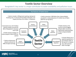 Textile Sector Overview
Bangladesh’s key sector is a major contributor to water availability and pollution issues
2
Textile
Sector
Export
contribution
Economic
relevance
Factory
concentration
Water
consumption
Water
pollution
Groundwater
depletion
• Estimated to be a $17.9 billion
industry, textiles accounts for
30% of Bangladesh’s industrial
sector GDP
• Textile industry employs 3.6
million people of whom 85% are
women
• Textile and garments
industry accounts for
~80% of export earnings
• Sector includes 1,700 garment washing, dyeing and
finishing units, in and around the Dhaka metropolis, and
impacts the lives of 12 million + inhabitants
• Textile industry is the
country’s second biggest
polluter (after tanneries),
significantly impacting water
surface and groundwater
quality
• Sector consumes 1,500 billion liters of groundwater
annually for a total production of 5 million tons of fabric
(300 liters per kg fabric)
• Greater Dhaka area is
experiencing decline in
groundwater tables at
the rate of 1-2 meters/
year, with seasonal
water shortages
Key features of Textile Sector
 