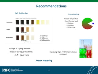 9
High fixation dye
Enzyme bleaching
Recommendations
Change of Dyeing machine
•iMaster low liquor machines
•3.7:1 liquor ratio
Water metering
 
