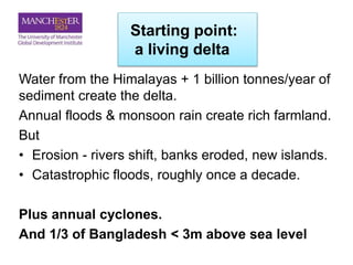 Starting point:
a living delta
Water from the Himalayas + 1 billion tonnes/year of
sediment create the delta.
Annual floods & monsoon rain create rich farmland.
But
• Erosion - rivers shift, banks eroded, new islands.
• Catastrophic floods, roughly once a decade.
Plus annual cyclones.
And 1/3 of Bangladesh < 3m above sea level
 