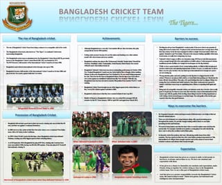Bangladesh National Cricket Team in 1986
The rise of Bangladesh cricket
Precession of Bangladesh Cricket
Achievements
• Bangladeshdidnothadagoodstarttotheirtestrecord,winningonlyonceintheirfirst50
tests,andthatwasagainstaweakenedZimbabwe.
• In2009,however,theyachievedtheirfirstTestseriesvictoryoveraweakenedWestIndies
team,witha2:0victoryintheCaribbean.
• In1999CricketWorldCupforthefirsttime,whereBangladeshcricketteamdefeated
Pakistan,creatingoneofthebiggestupsetsintheircricketinghistory.
• Asof20September2014,Bangladeshhasplayed85Tests,winningonly4andhasbeen
moresuccessfulinODIs,havingwon80ofits289matches. Ithasalsoplayed41Twenty20
Internationals,winning11.
Merriment of Bangladesh cricket team when they defeated Pakistan in 1999
• BowlinghasalwaysbeenBangladesh'sweakestpoint.Ithasnevershownanypromiseof
beingabletobowlateamtwice.Noplayerinthecurrenttestteamhaveaverageabove40in
firstclasscricket.Sofartheteammanagedtoachieveasinglewinintestmatchwhichwas
against ZimbabweandWestIndies.Thisshowstherealpoorbattingcapabilityoftheteam.
Intestarena,wereallyhavealonglongwaytogo.
• NationalCricketLeague,isstillinveryimmaturestage.BCBnevertookthistournament
seriousenoughthoughthisisthemainplatformtobuildaplayer.Under-preparedwickets,
insufficientpracticefacilities,lowbudgetforlocalleaguesarethebigobstacles.
• Whilewehaveagoodnumberofrawyoungbattingtalents,wefailedtofindenoughgood
bowlers;bothinpaceandspinningdepartments.Inthese14years,wecouldonlybeableto
findaveryfewpacebowlerswhocanstanduptointernationallevel.Enoughnewpacers
arenotcomingup.
• WrongselectionpolicyandearlypushingintothebigshowisabiggestbarrierinBD
cricket.Wheneverourplayersfailtodeliver,wetendthinkthatpushingnewbloodsintothe
teamwillsolvetheproblem.Theyplayafewgoodinningsthenstarttocollapse.Beingvery
young,theyhavetechnicalandmetalweakness.Oncetheseweaknessesareexposedto
outsideworldthoseteamskeeponcapitalizingthem.Historyisrepeatingitselfagainand
again.
• Beinglackofacompetitivedomesticcricket,ourbatsmenrarelyfaceabowlerwhoisreally
good.Soitgetseasyforthemtoscoreruns.Butwhentheycometointernationallevel,they
cannotcopewiththequalityofthebowling.Samethingistrueforbowlingdepartmentas
well.Gettingwicketsinlocalleaguesisnotthattough.Therealqualityofthebowlersgets
exposedwhentheyfacegoodbatsmen.
• ByOrganizeddomesticcricketandimprovementofinfrastructurewerehelpstofindout
domestictalentedplayers.
• Therearealotoftalentedrawyoungbatsmenalongwithagoodpromisingpacers
throughoutthecountry.Byprovideenoughtrainingstuffstothemwecanmake
promisingbowlersandbatsman.
• Weneedtobringmatureonesintotheteamwhenweneedtoreplacesomeonefromthe
currentside.ForexampleAustralianeverpushesayoungplayertooearlyintothebig
show.Andweallseetheexcellentresultoftheirpolicy.
• Indomesticcrickettheacademysidebusywithplayingsimilarteamsfromother
countries.Theboysneedtobethereforafewyearsbeforecomingtotopmostlevel.This
intermediatelevelwillgivethemenoughexposureandyetthechancetorecovertheir
technicalweaknessandenhancetheirmentalstrength.
• AlthoughBangladeshhavewononly2testmatchestillnowsinceteststatus,theyplay
comparativelybestinODImatches.
• Gettingunderpressurebecauseofanewbienationandshuttingeveryothernations
mouthwithwinsinhomeandawaymatches
• BangladeshmakingclassplayerslikeMohammadAshraful,TamimIqbal,Masrafibin
Mortoza,Mushfiqurrahim,Nazimuddin,AbdulRazzak,RubelHasanwhocrossed
145km/hmarkwhatIndiansdreamof.
• BangladeshNationalCricketteamhasshownoutstandingperformanceinOctober2010,
NewZealand-Bangladesh5matchonedaySeriesheldinSher-e-Banglacricketstadium,
Mirpur.InthisseriesBangladeshbeatNew-Zealandby4-0,onematchbeingpostponed
forrain.ThisisforthefirsttimeinBangladeshhistorythatthetigershavebeenableto
winaseriesagainstanestablishedNationalteamlikeNew-Zealand.Withthiswin,
Bangladeshteamhasbeenelevatedtonumber8thpositionfromnumber9inICCworld
ranking.
• BangladeshCricketTeambroughtuponeofthebiggestupsetsinthecrickethistoryas
theywonbyfivewicketsagainstAustraliain2005.
• BangladeshcricketteamisthattheyhavereachedinfinalofAsiaCup2012
• ShakibAlHasanisaBangladeshicricketerwhowasrankedfirstamongstODIall-
roundersbytheICCfromJanuary2009toApril2011andagainfromMarch2012.
Defeated Sri Lanka in 1999 Bangladeshi Captain Mushfiqur Rahim
When defeated N.Zealand in 2010 When defeated India in 2007
• Bangladesh cricket team has given us a reason to smile, to feel proud, to
feel brave, to dream. and at times to cry. We have our emotions and
expectation with them.
• It has given us a chance to channelize our emotions and expectations, make
friends, bring us together for cricket, bring us close to the Bangladesh
cricket team. Now we are a like part of Bangladesh cricket team.
• And that gives us a greater responsibility towards the Bangladesh Cricket
team. We need to keep in mind- ”Talent wins games, but teamwork and
intelligence wins championships.”
Barriers to success
Ways to overcome the barriers
Expectation
 