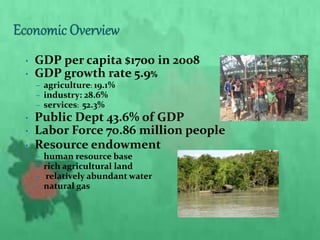 • GDP per capita $1700 in 2008
• GDP growth rate 5.9%
– agriculture: 19.1%
– industry: 28.6%
– services: 52.3%
• Public Dept 43.6% of GDP
• Labor Force 70.86 million people
• Resource endowment
– human resource base
– rich agricultural land
– relatively abundant water
– natural gas
 