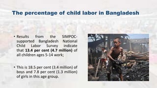 The percentage of child labor in Bangladesh
• Results from the SIMPOC-
supported Bangladesh National
Child Labor Survey indicate
that 13.4 per cent (4.7 million) of
all children ages 5-14 work;
• This is 18.5 per cent (3.4 million) of
boys and 7.8 per cent (1.3 million)
of girls in this age group.
 