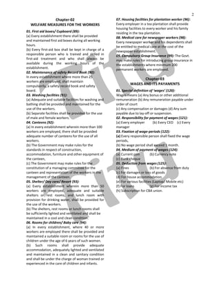 2
Chapter-02
WELFARE MEASURES FOR THE WORKERS
01. First aid boxes/ Cupboard (89):
(a) Every establishment there shall be provided
and maintained first aid boxes during all working
hours.
(b) Every first-aid box shall be kept in charge of a
responsible person who is trained and skilled in
first-aid treatment and who shall always be
available during the working hours of the
establishment.
02. Maintenance of safety Record Book (90):
In every establishment where more than 25
workers are employed, shall maintain
compulsorily, a safety record book and safety
board.
03. Washing facilities (91):
(a) Adequate and suitable facilities for washing and
bathing shall be provided and maintained for the
use of the workers.
(b) Separate facilities shall be provided for the use
of male and female workers.
04. Canteens (92):
(a) In every establishment wherein more than 100
workers are employed, there shall be provided
adequate number of canteens for the use of all
workers.
(b) The Government may make rules for the
standards in respect of construction,
accommodation, furniture and other equipment of
the canteen,
(c) The Government may make rules for the
constitution of a managing committee for the
canteen and representation of the workers in the
management of the canteen.
05. Shelter/ Day care/ Resort (93):
(a) Every establishment wherein more than 50
workers are employed, adequate and suitable
shelters or rest rooms, and lunch room with
provision for drinking water, shall be provided for
the use of the workers.
(b) The shelters, rest rooms or lunch rooms shall
be sufficiently lighted and ventilated and shall be
maintained in a cool and clean condition.
06. Rooms for children/ Baby care (94):
(a) In every establishment, where 40 or more
workers are employed there shall be provided and
maintained a suitable room or rooms for the use of
children under the age of 6 years of such women.
(b) Such rooms shall provide adequate
accommodation, adequately lighted and ventilated
and maintained in a clean and sanitary condition
and shall be under the charge of woman trained or
experienced in the care of children and infants.
07. Housing facilities for plantation worker (96):
Every employer in a tea plantation shall provide
housing facilities to every worker and his family
residing in the tea plantation.
08. Medical care for newspaper workers (98):
Every newspaper worker and his dependents shall
be entitled to medical care at the cost of the
newspaper establishment.
09. Compulsory Group Insurance (99): The Govt.
may make rules for introducing group insurance in
the establishments where minimum 200
permanent workers are employed.
Chapter-03
WAGES AND ITS PAYAMENTS
01. Special definition of ‘wages’ (120):
Wages means (a) Any bonus or other additional
remuneration (b) Any remuneration payable under
order of court
(c) Any compensation or damages (d) Any sum
payable due to lay-off or suspension.
02. Responsibility for payment of wages (121):
(a) Every employer (b) Every CEO (c) Every
manager
03. Fixation of wage-periods (122):
(a) Every responsible person shall fixed the wage
periods,
(b) No wage period shall exceed 1 month.
04. Medium of payment of wages (124):
(a) Current coin (b) Currency note
(c) Bank cheque
05. Deduction from wages (125):
(a) Fines (b) For absence from duty
(c) For damages or loss of goods
(d) For house accommodation
(e) For various facilities (Laptop/ Mobile etc)
(f) For loans (g) For income tax
(h) Subscription for CBA union.
 