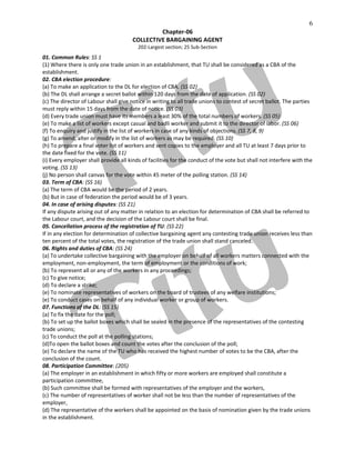 6
Chapter-06
COLLECTIVE BARGAINING AGENT
202-Largest section; 25 Sub-Section
01. Common Rules: SS 1
(1) Where there is only one trade union in an establishment, that TU shall be considered as a CBA of the
establishment.
02. CBA election procedure:
(a) To make an application to the DL for election of CBA. (SS 02)
(b) The DL shall arrange a secret ballot within 120 days from the date of application. (SS 02)
(c) The director of Labour shall give notice in writing to all trade unions to contest of secret ballot. The parties
must reply within 15 days from the date of notice. (SS 03)
(d) Every trade union must have its members a least 30% of the total numbers of workers. (SS 05)
(e) To make a list of workers except casual and badli worker and submit it to the director of labor. (SS 06)
(f) To enquiry and justify in the list of workers in case of any kinds of objections. (SS 7, 8, 9)
(g) To amend, alter or modify in the list of workers as may be required. (SS 10)
(h) To prepare a final voter list of workers and sent copies to the employer and all TU at least 7 days prior to
the date fixed for the vote. (SS 11)
(i) Every employer shall provide all kinds of facilities for the conduct of the vote but shall not interfere with the
voting. (SS 13)
(j) No person shall canvas for the vote within 45 meter of the polling station. (SS 14)
03. Term of CBA: (SS 16)
(a) The term of CBA would be the period of 2 years.
(b) But in case of federation the period would be of 3 years.
04. In case of arising disputes: (SS 21)
If any dispute arising out of any matter in relation to an election for determination of CBA shall be referred to
the Labour court, and the decision of the Labour court shall be final.
05. Cancellation process of the registration of TU: (SS 22)
If in any election for determination of collective bargaining agent any contesting trade union receives less than
ten percent of the total votes, the registration of the trade union shall stand canceled.
06. Rights and duties of CBA: (SS 24)
(a) To undertake collective bargaining with the employer on behalf of all workers matters connected with the
employment, non-employment, the term of employment or the conditions of work;
(b) To represent all or any of the workers in any proceedings;
(c) To give notice;
(d) To declare a strike;
(e) To nominate representatives of workers on the board of trustees of any welfare institutions;
(e) To conduct cases on behalf of any individual worker or group of workers.
07. Functions of the DL: (SS 15)
(a) To fix the date for the poll;
(b) To set up the ballot boxes which shall be sealed in the presence of the representatives of the contesting
trade unions;
(c) To conduct the poll at the polling stations;
(d)To open the ballot boxes and count the votes after the conclusion of the poll;
(e) To declare the name of the TU who has received the highest number of votes to be the CBA, after the
conclusion of the count.
08. Participation Committee: (205)
(a) The employer in an establishment in which fifty or more workers are employed shall constitute a
participation committee,
(b) Such committee shall be formed with representatives of the employer and the workers,
(c) The number of representatives of worker shall not be less than the number of representatives of the
employer,
(d) The representative of the workers shall be appointed on the basis of nomination given by the trade unions
in the establishment.
 