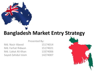 Bangladesh Market Entry Strategy
Presented By:
Md. Nasir Abeed 15174014
Md. Farhat Ridwan 15174021
Md. Liakat Ali Khan 13374006
Sayed Zahidul Islam 14274007
 