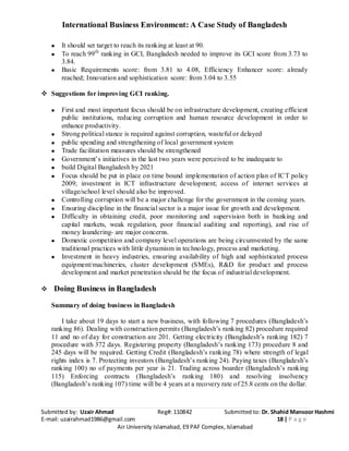 International Business Environment: A Case Study of Bangladesh
Submitted by: Uzair Ahmad Reg#: 110842 Submitted to: Dr. Shahid Mansoor Hashmi
E-mail: uzairahmad1986@gmail.com 18 | P a g e
Air University Islamabad, E9 PAF Complex, Islamabad
It should set target to reach its ranking at least at 90.
To reach 99th
ranking in GCI, Bangladesh needed to improve its GCI score from 3.73 to
3.84.
Basic Requirements score: from 3.81 to 4.08, Efficiency Enhancer score: already
reached; Innovation and sophistication score: from 3.04 to 3.55
 Suggestions for improving GCI ranking.
First and most important focus should be on infrastructure development, creating efficient
public institutions, reducing corruption and human resource development in order to
enhance productivity.
Strong political stance is required against corruption, wasteful or delayed
public spending and strengthening of local government system
Trade facilitation measures should be strengthened
Government’s initiatives in the last two years were perceived to be inadequate to
build Digital Bangladesh by 2021
Focus should be put in place on time bound implementation of action plan of ICT policy
2009; investment in ICT infrastructure development; access of internet services at
village/school level should also be improved.
Controlling corruption will be a major challenge for the government in the coming years.
Ensuring discipline in the financial sector is a major issue for growth and development.
Difficulty in obtaining credit, poor monitoring and supervision both in banking and
capital markets, weak regulation, poor financial auditing and reporting), and rise of
money laundering- are major concerns.
Domestic competition and company level operations are being circumvented by the same
traditional practices with little dynamism in technology, process and marketing.
Investment in heavy industries, ensuring availability of high and sophisticated process
equipment/machineries, cluster development (SMEs), R&D for product and process
development and market penetration should be the focus of industrial development.
 Doing Business in Bangladesh
Summary of doing business in Bangladesh
I take about 19 days to start a new business, with following 7 procedures (Bangladesh’s
ranking 86). Dealing with construction permits (Bangladesh’s ranking 82) procedure required
11 and no of day for construction are 201. Getting electricity (Bangladesh’s ranking 182) 7
procedure with 372 days. Registering property (Bangladesh’s ranking 173) procedure 8 and
245 days will be required. Getting Credit (Bangladesh’s ranking 78) where strength of legal
rights index is 7. Protecting investors (Bangladesh’s ranking 24). Paying taxes (Bangladesh’s
ranking 100) no of payments per year is 21. Trading across boarder (Bangladesh’s ranking
115) Enforcing contracts (Bangladesh’s ranking 180) and resolving insolvency
(Bangladesh’s ranking 107) time will be 4 years at a recovery rate of 25.8 cents on the dollar.
 