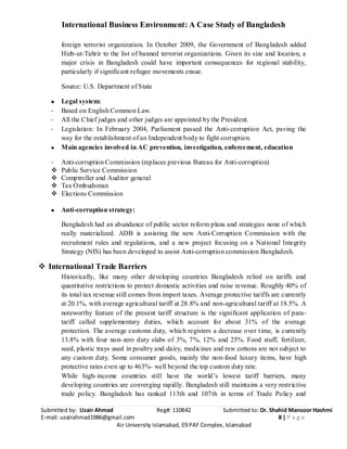 International Business Environment: A Case Study of Bangladesh
Submitted by: Uzair Ahmad Reg#: 110842 Submitted to: Dr. Shahid Mansoor Hashmi
E-mail: uzairahmad1986@gmail.com 8 | P a g e
Air University Islamabad, E9 PAF Complex, Islamabad
foreign terrorist organization. In October 2009, the Government of Bangladesh added
Hizb-ut-Tahrir to the list of banned terrorist organizations. Given its size and location, a
major crisis in Bangladesh could have important consequences for regional stability,
particularly if significant refugee movements ensue.
Source: U.S. Department of State
Legal system:
- Based on English Common Law.
- All the Chief judges and other judges are appointed by the President.
- Legislation: In February 2004, Parliament passed the Anti-corruption Act, paving the
way for the establishment of an Independent body to fight corruption.
Main agencies involved in AC prevention, investigation, enforcement, education
- Anti-corruption Commission (replaces previous Bureau for Anti-corruption)
 Public Service Commission
 Comptroller and Auditor general
 Tax Ombudsman
 Elections Commission
Anti-corruption strategy:
Bangladesh had an abundance of public sector reform plans and strategies none of which
really materialized. ADB is assisting the new Anti-Corruption Commission with the
recruitment rules and regulations, and a new project focusing on a National Integrity
Strategy (NIS) has been developed to assist Anti-corruption commission Bangladesh.
 International Trade Barriers
Historically, like many other developing countries Bangladesh relied on tariffs and
quantitative restrictions to protect domestic activities and raise revenue. Roughly 40% of
its total tax revenue still comes from import taxes. Average protective tariffs are currently
at 20.1%, with average agricultural tariff at 28.8% and non-agricultural tariff at 18.5%. A
noteworthy feature of the present tariff structure is the significant application of para-
tariff called supplementary duties, which account for about 31% of the average
protection. The average customs duty, which registers a decrease over time, is currently
13.8% with four non-zero duty slabs of 3%, 7%, 12% and 25%. Food stuff, fertilizer,
seed, plastic trays used in poultry and dairy, medicines and raw cottons are not subject to
any custom duty. Some consumer goods, mainly the non-food luxury items, have high
protective rates even up to 463%- well beyond the top custom duty rate.
While high-income countries still have the world’s lowest tariff barriers, many
developing countries are converging rapidly. Bangladesh still maintains a very restrictive
trade policy. Bangladesh has ranked 113th and 107th in terms of Trade Policy and
 