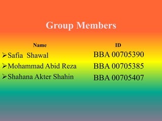 Group Members
Name
Safia Shawal
Mohammad Abid Reza
Shahana Akter Shahin
ID
BBA 00705390
BBA 00705385
BBA 00705407
 