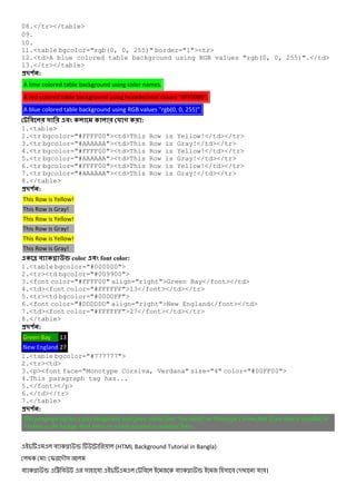 08.</tr></table>
09.
10.
11.<table bgcolor="rgb(0, 0, 255)" border="1"><tr>
12.<td>A blue colored table background using RGB values "rgb(0, 0, 255)".</td>
13.</tr></table>
#$ % :
A lime colored table background using color names.
A red colored table background using hexadecimal values "#FF0000".
A blue colored table background using RGB values "rgb(0, 0, 255)".
! 7 :
1.<table>
2.<tr bgcolor="#FFFF00"><td>This Row is Yellow!</td></tr>
3.<tr bgcolor="#AAAAAA"><td>This Row is Gray!</td></tr>
4.<tr bgcolor="#FFFF00"><td>This Row is Yellow!</td></tr>
5.<tr bgcolor="#AAAAAA"><td>This Row is Gray!</td></tr>
6.<tr bgcolor="#FFFF00"><td>This Row is Yellow!</td></tr>
7.<tr bgcolor="#AAAAAA"><td>This Row is Gray!</td></tr>
8.</table>
#$ % :
This Row is Yellow!
This Row is Gray!
This Row is Yellow!
This Row is Gray!
This Row is Yellow!
This Row is Gray!
" A color ! font color:
1.<table bgcolor="#000000">
2.<tr><td bgcolor="#009900">
3.<font color="#FFFF00" align="right">Green Bay</font></td>
4.<td><font color="#FFFFFF">13</font></td></tr>
5.<tr><td bgcolor="#0000FF">
6.<font color="#DDDDDD" align="right">New England</font></td>
7.<td><font color="#FFFFFF">27</font></td></tr>
8.</table>
#$ % :
Green Bay 13
New England 27
1.<table bgcolor="#777777">
2.<tr><td>
3.<p><font face="Monotype Corsiva, Verdana" size="4" color="#00FF00">
4.This paragraph tag has...
5.</font></p>
6.</td></tr>
7.</table>
#$ % :
This paragraph tag has a gray background with green colored font. You should see Monotype Corsiva font if you have it installed, or
Verdana as the backup. Both fonts are widely accepted as standard fonts.
# x (HTML Background Tutorial in Bangla)
: I -M&
# x < # & য # # x & # - য ।
 