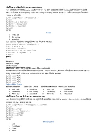 & (HTML ordered lists)
<ol> গ - e P(ordered list) 62 । <li> গ d j # % (list item) # O ।% *% +
<li> গ " opening (<ol>) # closing (</ol>) tag @ % । e (ordered) 
য `, k, l % -।
1.<h4 align="center">Goals</h4>
2.<ol>
3.<li>Find a Job</li>
4.<li>Get Money</li>
5.<li>Move Out</li>
6.</ol>
#$ % :
Goals
1. Find a Job
2. Get Money
3. Move Out
Start attributes - য +  % P 62 য ।
1.<h4 align="center">Goals</h4>
2.<ol start="4" >
3.<li>Buy Food</li>
4.<li>Enroll in College</li>
5.<li>Get a Degree</li>
6.</ol>
#$ % :
Goals
4.Buy Food
5.Enroll in College
6.Get a Degree
& (HTML ordered lists continued)
@ # P(ordered list) B। ! & @ `,k,l  " # %  # #R % "
% #c % # B % । type attribute # #  " #% ।
1.<ol type="a">
2.<ol type="A">
3.<ol type="i">
4.<ol type="I">
Ordered List Types:
Lower-Case Letters Upper-Case Letters Lower-Case Numerals Upper-Case Numerals
a. Find a Job
b. Get Money
c. Move Out
A. Find a Job
B. Get Money
C. Move Out
i. Find a Job
ii. Get Money
iii. Move Out
I. Find a Job
II. Get Money
III. Move Out
& (HTML unordered lists)
<ul> গ & য # P *% + । # P # % য `. squares k.discs l.circles । default & #
& @ % full discs # # ।
1.<h4 align="center">Shopping List</h4>
2.<ul>
3.<li>Milk</li>
4.<li>Toilet Paper</li>
5.<li>Cereal</li>
6.<li>Bread</li>
7.</ul>
#$ % :
Shopping List
• Milk
• Toilet Paper
• Cereal
• Bread
 