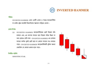 cwiPq:
INVERTED HAMMER Ggb GKwU GKK I ¯^Zš¿ K¨v‡Ûjw÷K
hv WvDb †UªÛ gv‡K©‡U wifvm©v‡ji m¤¢vebv evwo‡q †Zv‡j|
†Pbvi Dcvq:
(1) INVERTED HAMMER K¨v‡Ûjw÷‡Ki †QvU wi‡qj ewW
_vK‡e Ges Gi Avcvi k¨v‡Wv n‡e wi‡qj ewWi wØ¸Y ev
Zvi †P‡qI †ewk j¤^v| INVERTED HAMMER Gi †jvqvi
k¨v‡Wv Kvh©Z LyeB †QvU n‡e ev †Kv‡bv k¨v‡Wv bvI _vK‡Z
cv‡i| INVERTED HAMMER K¨v‡Ûjw÷KwU eywjk A_ev
†eqvwik †h †Kv‡bv cÖKvi n‡Z cv‡i|
wecixZ c¨vUvb©:
SHOOTING STAR.
15 INVERTED HAMMER
১৭
 