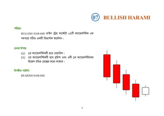 cwiPq:
BULLISH HARAMI WvDb †UªÛ gv‡K©‡U 02wU K¨v‡Ûjw÷K Gi
mgš^‡q MwVZ GKwU wifvm©vj d‡g©kb|
†Pbvi Dcvq:
(1) 1g K¨v‡Ûjw÷KwU n‡e †eqvwik|
(2) 2q K¨v‡Ûjw÷KwU n‡e eywjk Ges GwU 1g K¨v‡Ûjw÷‡Ki
wi‡qj ewWi †i‡Äi g‡a¨ _vK‡e|
wecixZ c¨vUvb©:
BEARISH HARAMI.
07 BULLISH HARAMI
৯
 