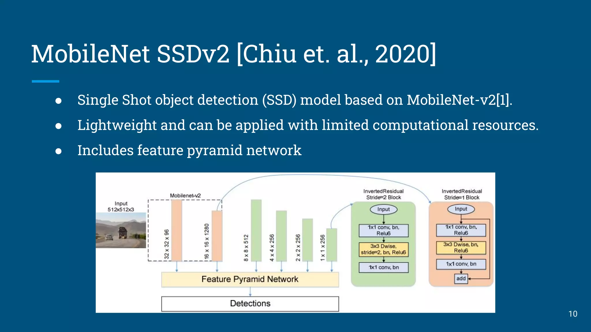 MobileNet SSDv2 [Chiu et. al., 2020]
10
● Single Shot object detection (SSD) model based on MobileNet-v2[1].
● Lightweight and can be applied with limited computational resources.
● Includes feature pyramid network
 