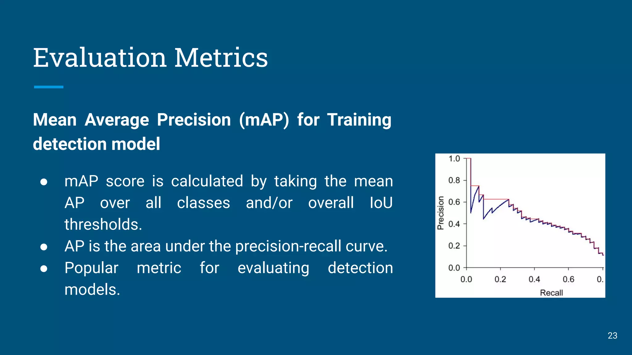 Evaluation Metrics
23
Mean Average Precision (mAP) for Training
detection model
● mAP score is calculated by taking the mean
AP over all classes and/or overall IoU
thresholds.
● AP is the area under the precision-recall curve.
● Popular metric for evaluating detection
models.
 