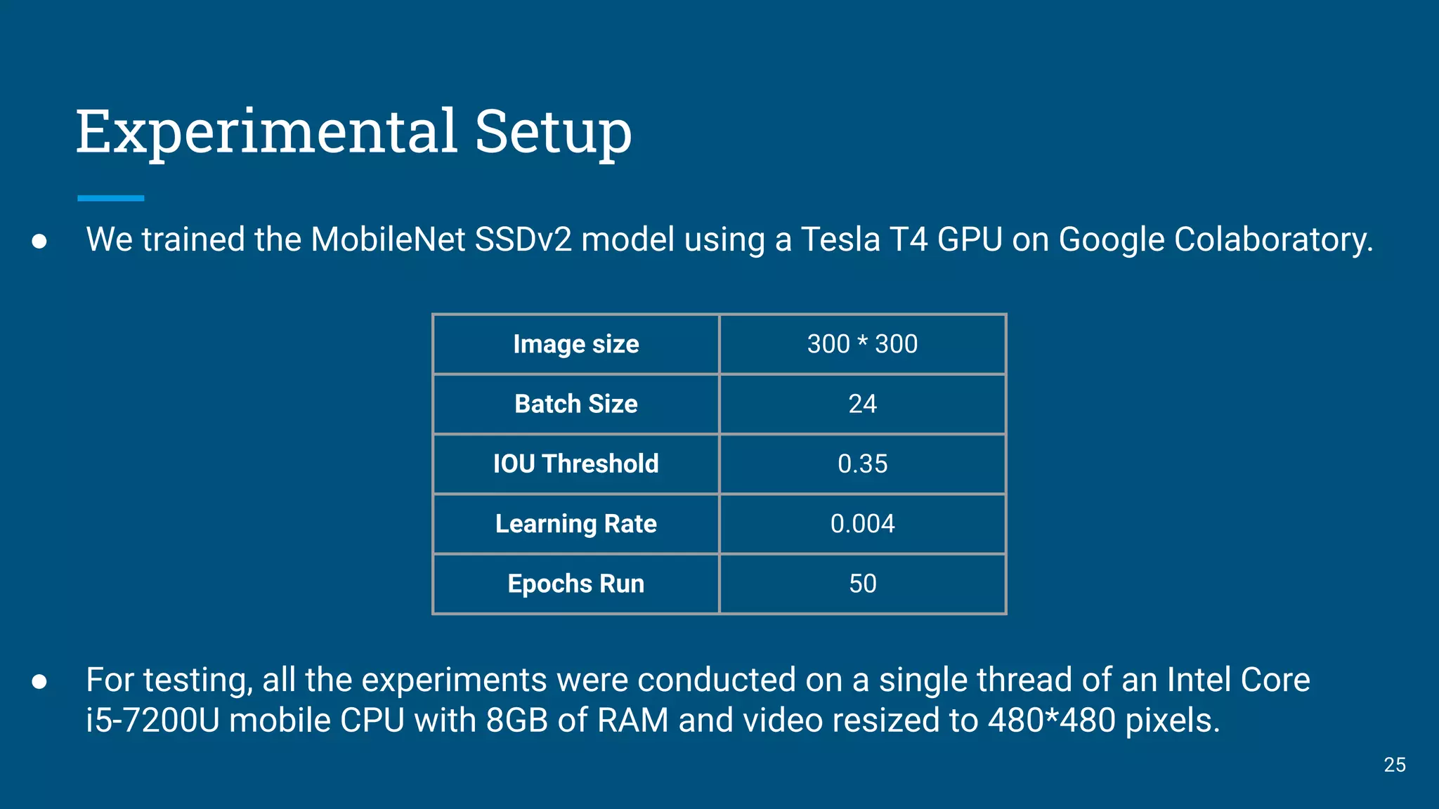Experimental Setup
25
● We trained the MobileNet SSDv2 model using a Tesla T4 GPU on Google Colaboratory.
● For testing, all the experiments were conducted on a single thread of an Intel Core
i5-7200U mobile CPU with 8GB of RAM and video resized to 480*480 pixels.
Image size 300 * 300
Batch Size 24
IOU Threshold 0.35
Learning Rate 0.004
Epochs Run 50
 